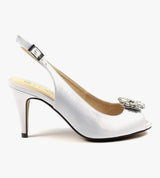 Ladies Venice Silver Peep Toe Slingback With Diamanté Detail