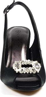 Ladies Venice Black Peep Toe Slingback with Diamanté Detail