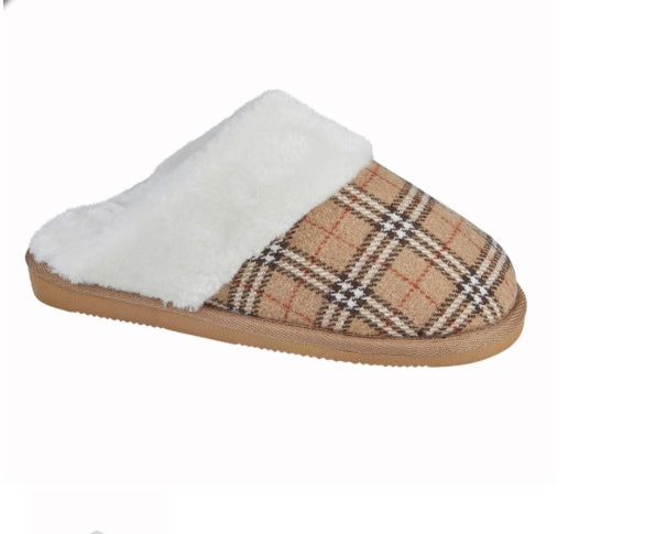 Ladies Leyla Beige Tartan Mule Slippers