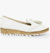 Michaela Ladies White Tassle Wedge Loafer