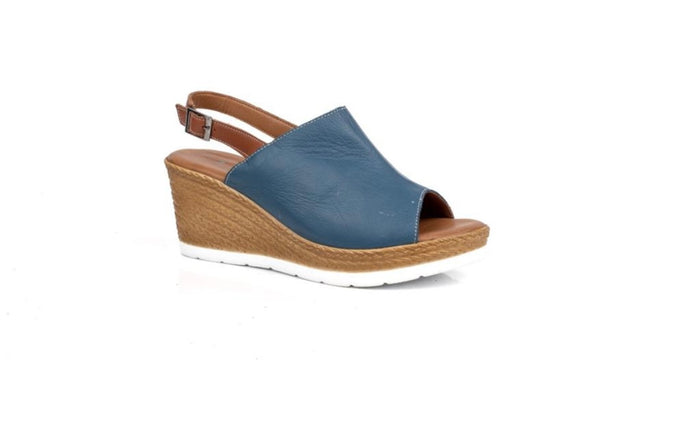 Shoozy Naomi Ladies Blue Leather Wedge Sandals