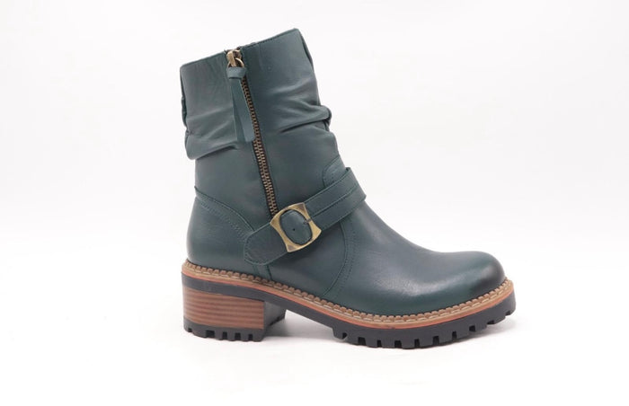 Modella Derby Ladies Green Leather Biker Boots