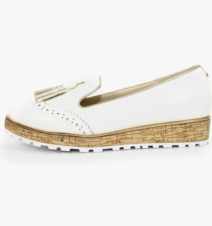 Michaela Ladies White Tassle Wedge Loafer