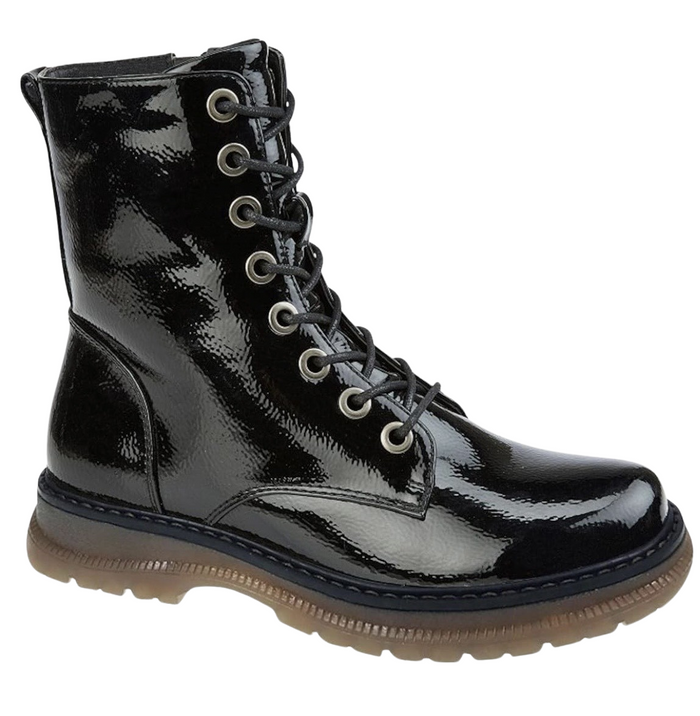 Ladies Cipriata Annetta Black Faux Patent Leather Ankle Boot