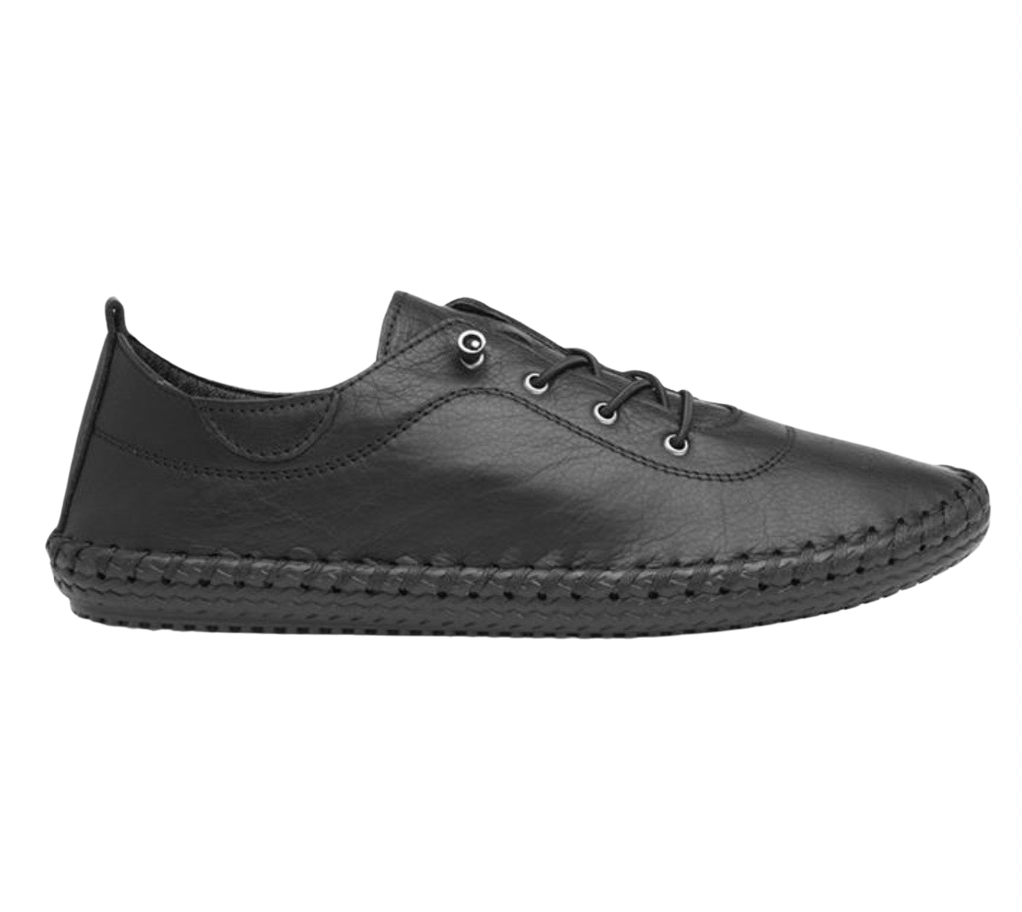 Shoozy Iris Black Black Ladies Leather Plimsoll. Modella Shoes