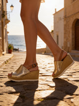 Shoozy Naomi Ladies Gold Leather Wedge Sandals