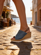 Shoozy Naomi Ladies Blue Leather Wedge Sandals